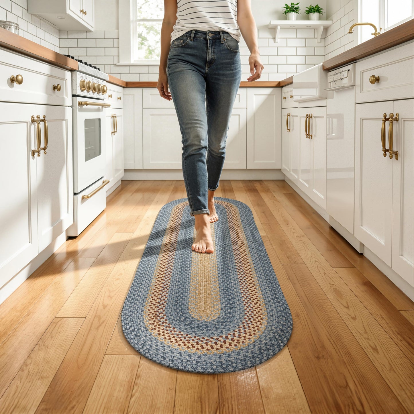 RCTJHOME 2'x6' Oval Braided Runner Rug, Long Hallway & Kitchen Farmhouse Rug, Door Mat with Anti-Slip Pads for High Traffic Areas Without Rubber Rope Rug,Natural, Rust, Blue