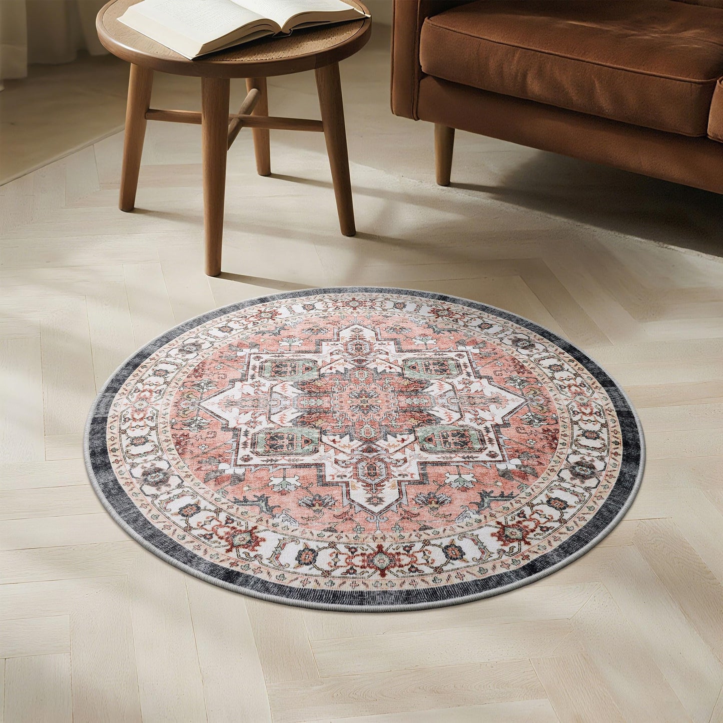 Carvapet 24 inch/61 cm Vintage Round Small Rugs Non-Slip Washable Circle Rug with Rubber Backing Foldable Low Pile Design for Living Room Bedroom, 2 ft Dark Pink Rug