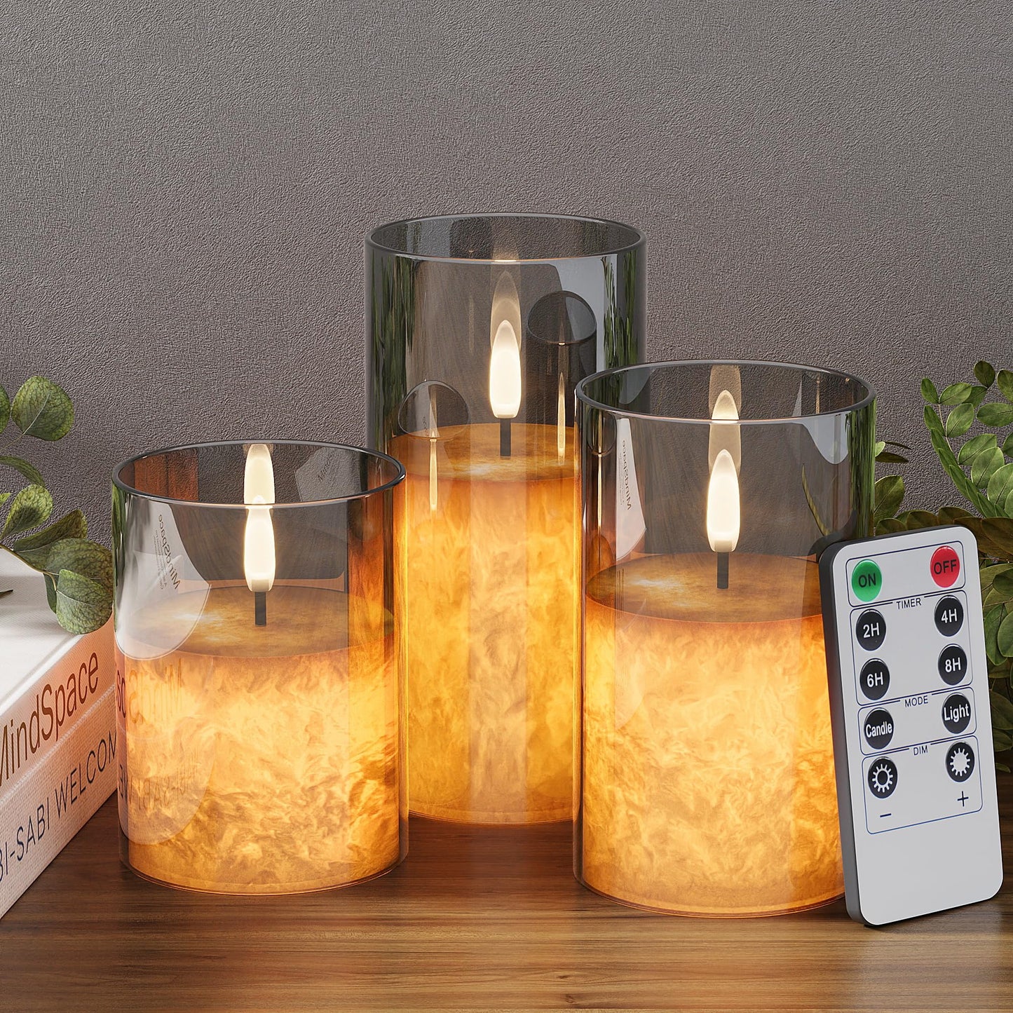 VIODAIM Ice Crystal Real Wax Glass Flameless Candles with Remote & Timer, Battery Operated Candles with Warm Flickering Flame, Realistic LED Candle for Wedding Home Decor [D3×H4/5"/6"] Grey, 3Pack