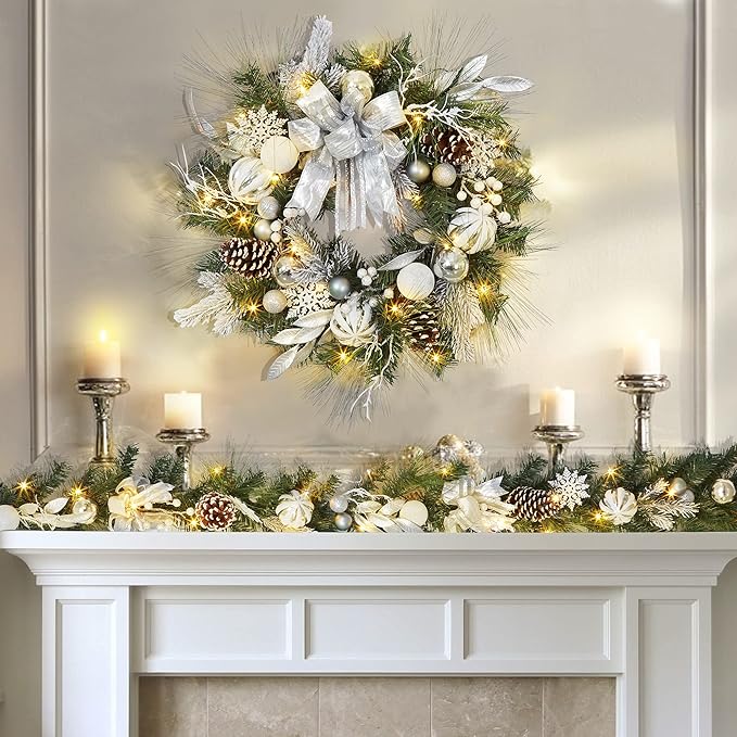 Christmas Wreath for Front Door, 24 Inch Outdoor Christmas Wreath, Battery Operated Xmas Wreath with Silver White Ball Ornaments Bows and 20 LED Lights for Home Holiday Decor