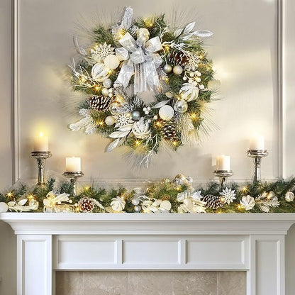 Christmas Wreath for Front Door, 24 Inch Outdoor Christmas Wreath, Battery Operated Xmas Wreath with Silver White Ball Ornaments Bows and 20 LED Lights for Home Holiday Decor