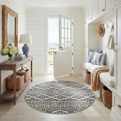 SAFAVIEH Tulum Collection Area Rug - 6'7" Round, Ivory & Black, Moroccan Boho Tribal Design, Non-Shedding & Easy to Clean, Ideal for Living Room, Bedroom, Dining Space (TUL272B)