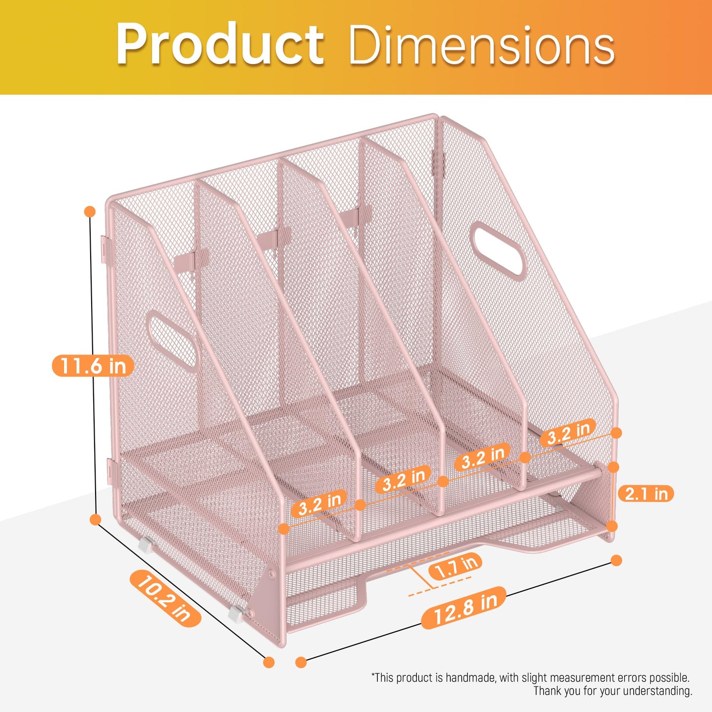 Docnest Desk File Holder Sorter, 4 Vertical Compartments Rack with Letter Tray, Mesh Magazine File Holder with Handle,Workspace Organizers,Desk Organizers for Paper, Mail, Documents-Pink