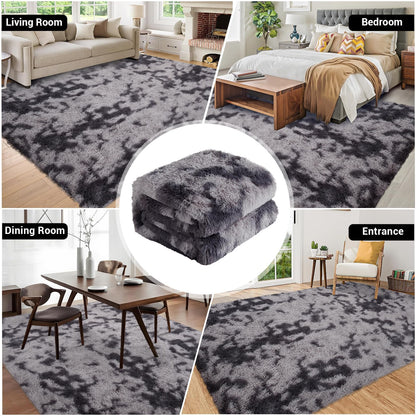 Garvee 6'x9' Large Fluffy Tie-Dye Shaggy Area Rug for Living Room, Soft Fuzzy Plush Rug for Dining Room & Playroom, Aesthetic Carpet, Non-Shedding, Machine Washable, Tie-Dyed Dark Grey