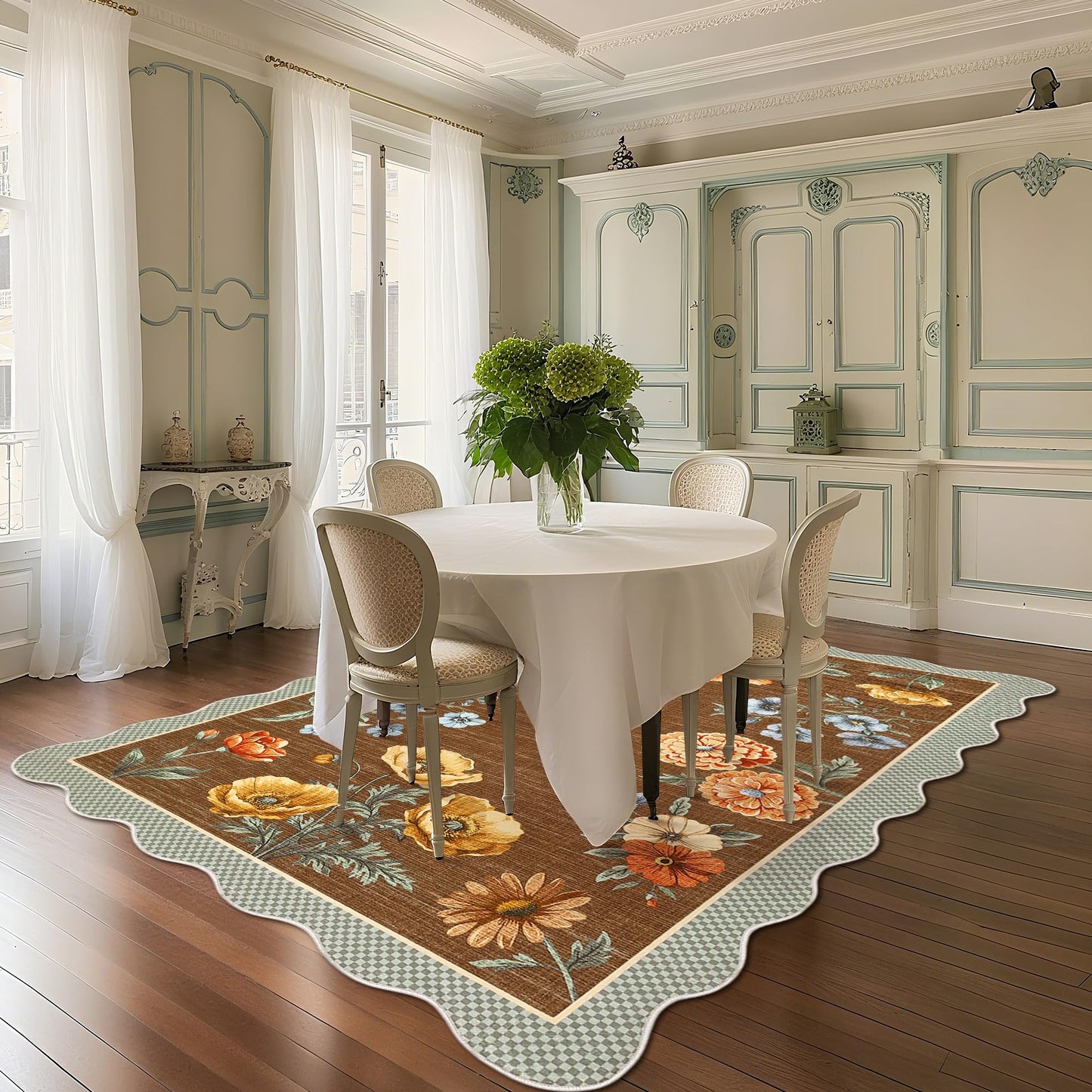 GarveeHome Floral Scalloped Washable Rugs 8x10, Non-Slip Low Pile Living Room Rugs 8x10, Soft Bedroom Rug Stain Resistance Boho Botanical Brown Rug with Rubber Back for Dining Room, Coffee