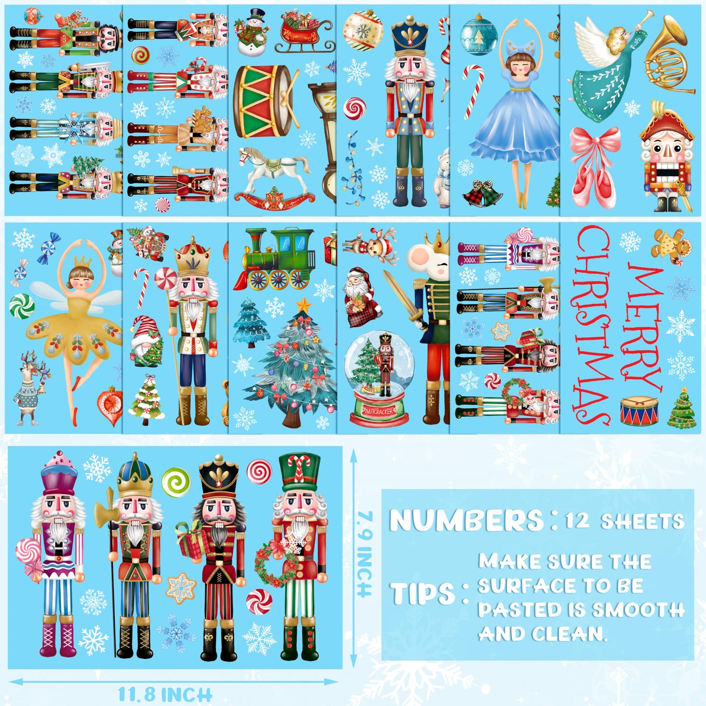 Christmas Nutcracker Wall Stickers Decoration 12 Sheets, Christmas Wall Decals Holiday Nutcracker Decor, Winter Snowflake Vinyl Stickers for Living Room Bedroom Home Office