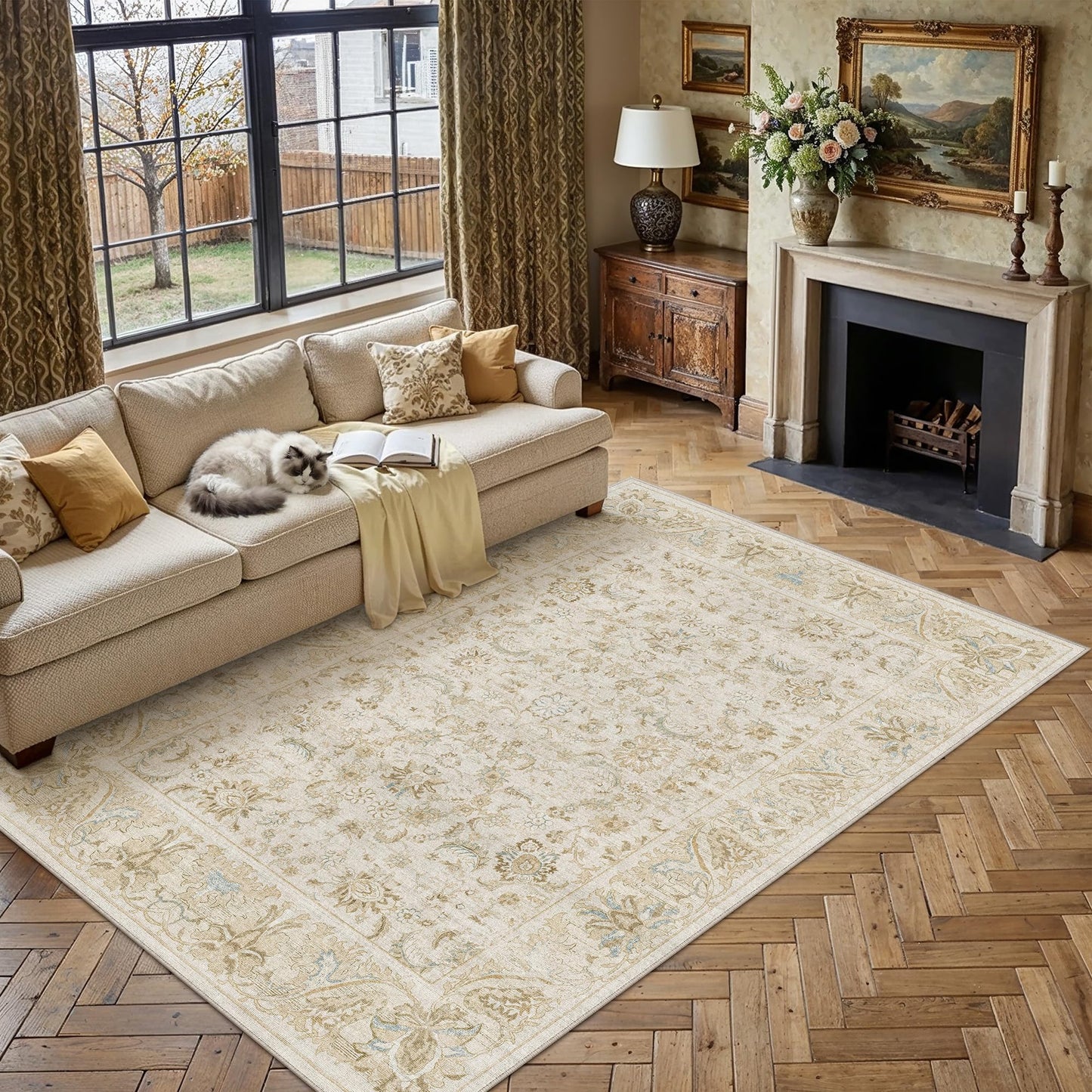 WondRg 8x10 Washable Area Rug for Living Room Bedroom Beige Low Pile Non Slip Rug Neutral Distressed Carpet Dining Room Classroom Playroom Home Decor