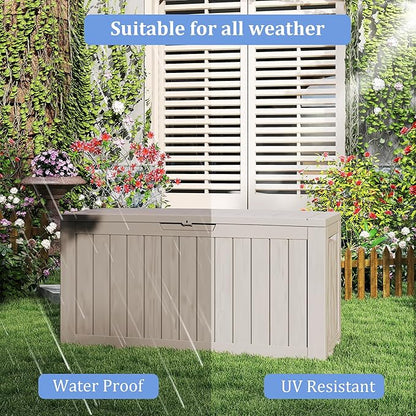 TARKARI 90 Gallon Lockable Resin Deck Box with Wheels, Waterproof & UV-Resistant Outdoor Storage Box for Outdoor Cushion Storage, Garden Tools & Pool Accessories Storage, Gray