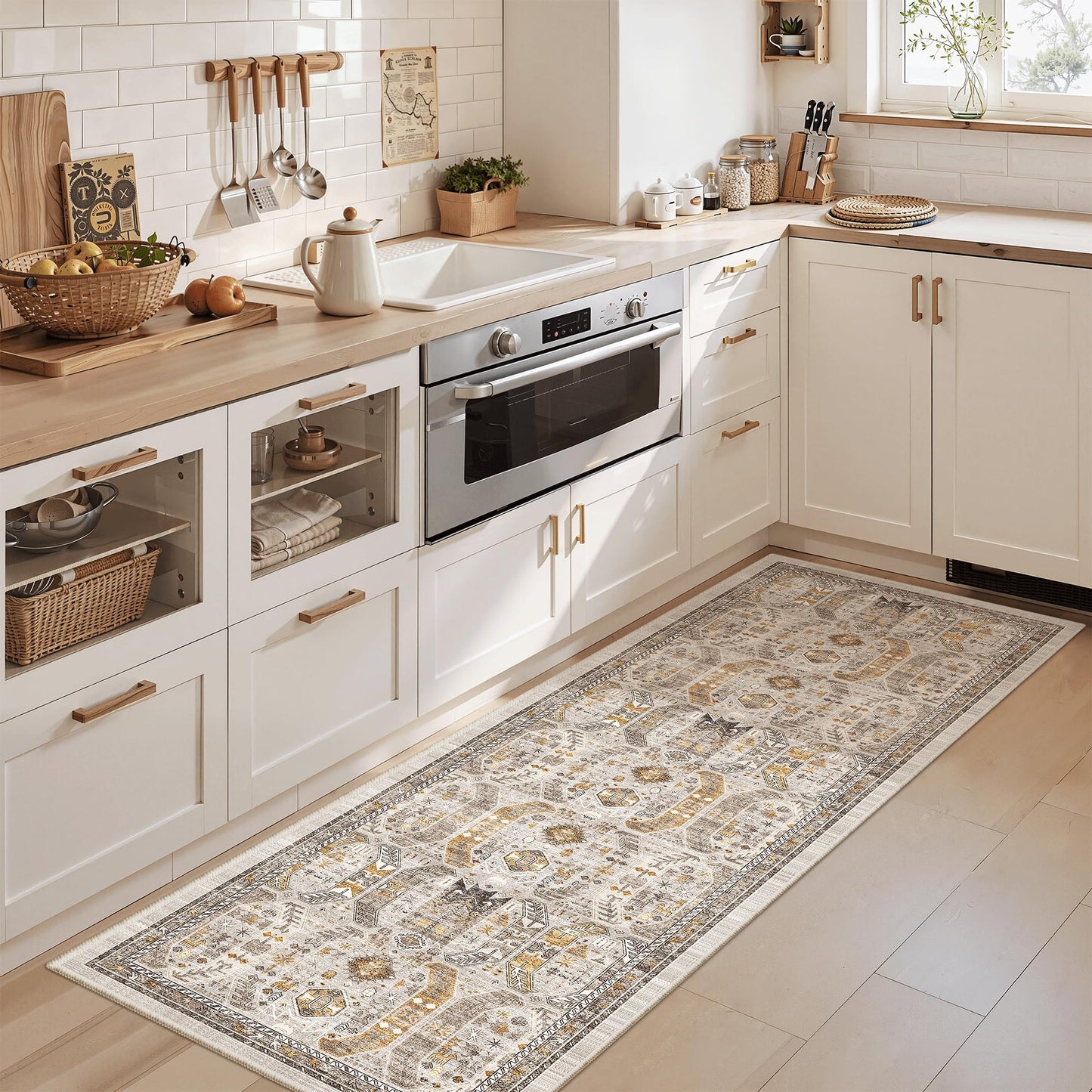 Madane Washable Runner Rug - 2x6 Rug Runners for Hallways 6 Feet Non Slip Vintage Kitchen Runner Rug Ultra-Thin Bathroom Runner Rugs Carpet Laundry Room Bedroom (2x6ft, Brown/Gold)