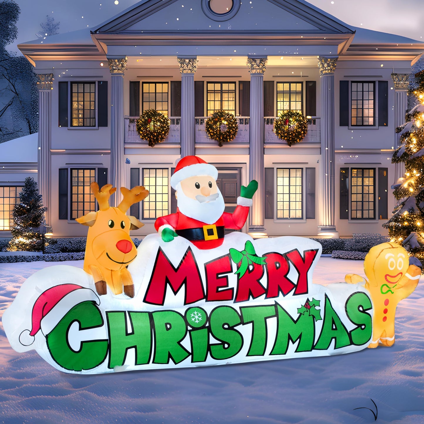 Joiedomi 9.5 FT Christmas Inflatable Merry Christmas Sign with Santa, Reindeer & Gingerbread Man – Built-in LEDs, Outdoor Yard Garden Lawn Winter Decor for Xmas Party