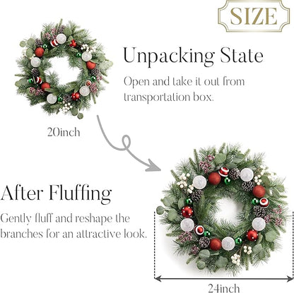 Valery Madelyn 24’ Pre-Lit Christmas Wreath for Front Door with Light, Large Lighted Outdoor Christmas Wreath with Red Green White Xmas Ball Norfolk Pine for Home Porch Fireplace Window Holiday Decor