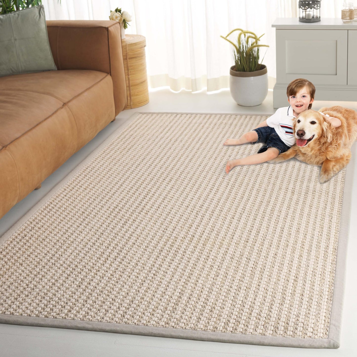 Safavieh Palm Beach Collection Area Rug - 6' x 9', Ivory, Geometric Design, Wool & Sisal, Ideal for The Living Room, Bedroom, Dining Room (PAB618A-6)