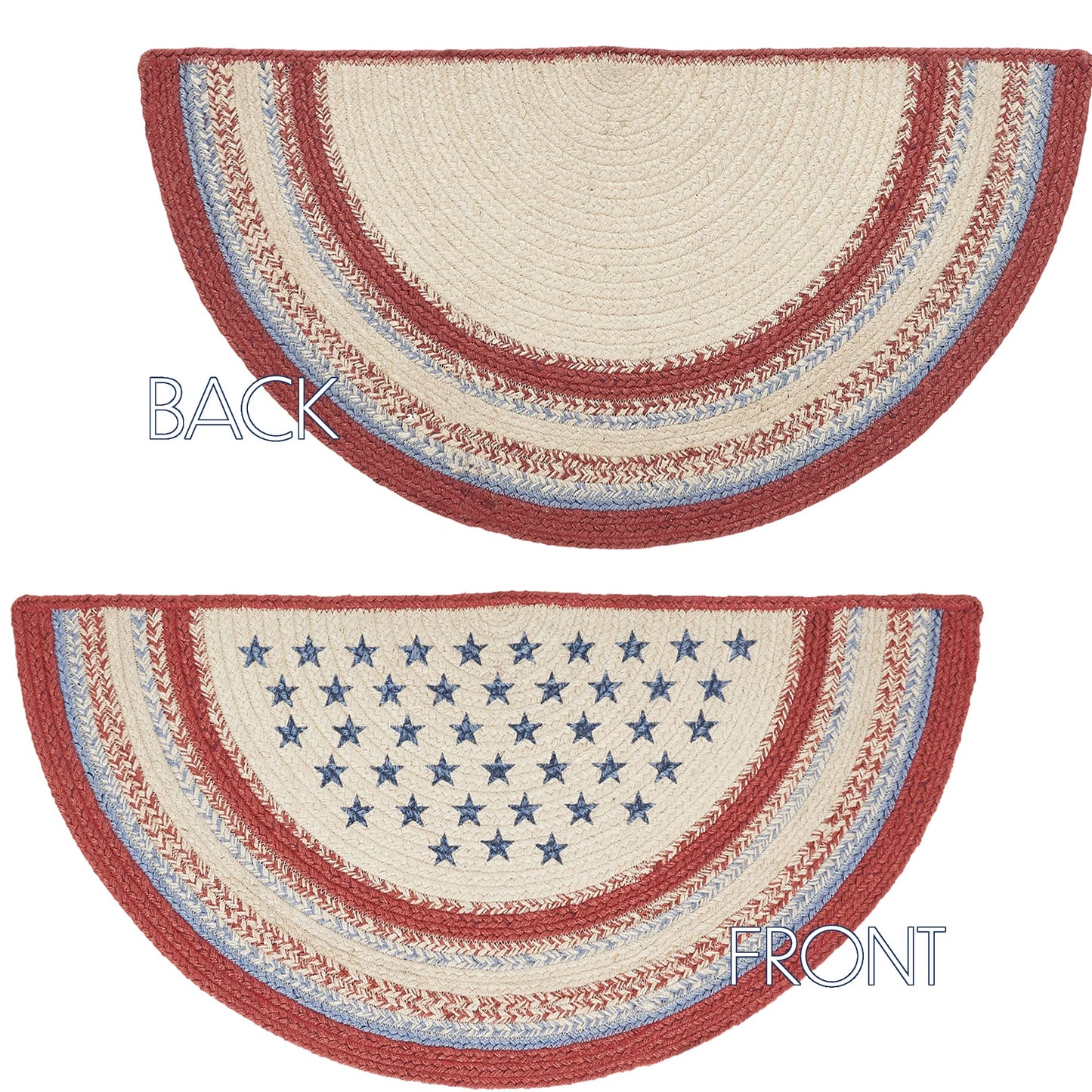 VHC Brands Celebration Braided Jute Rug, Non-Skid Pad, Half Circle Door Mat, Red Creme Blue, 16.5x33