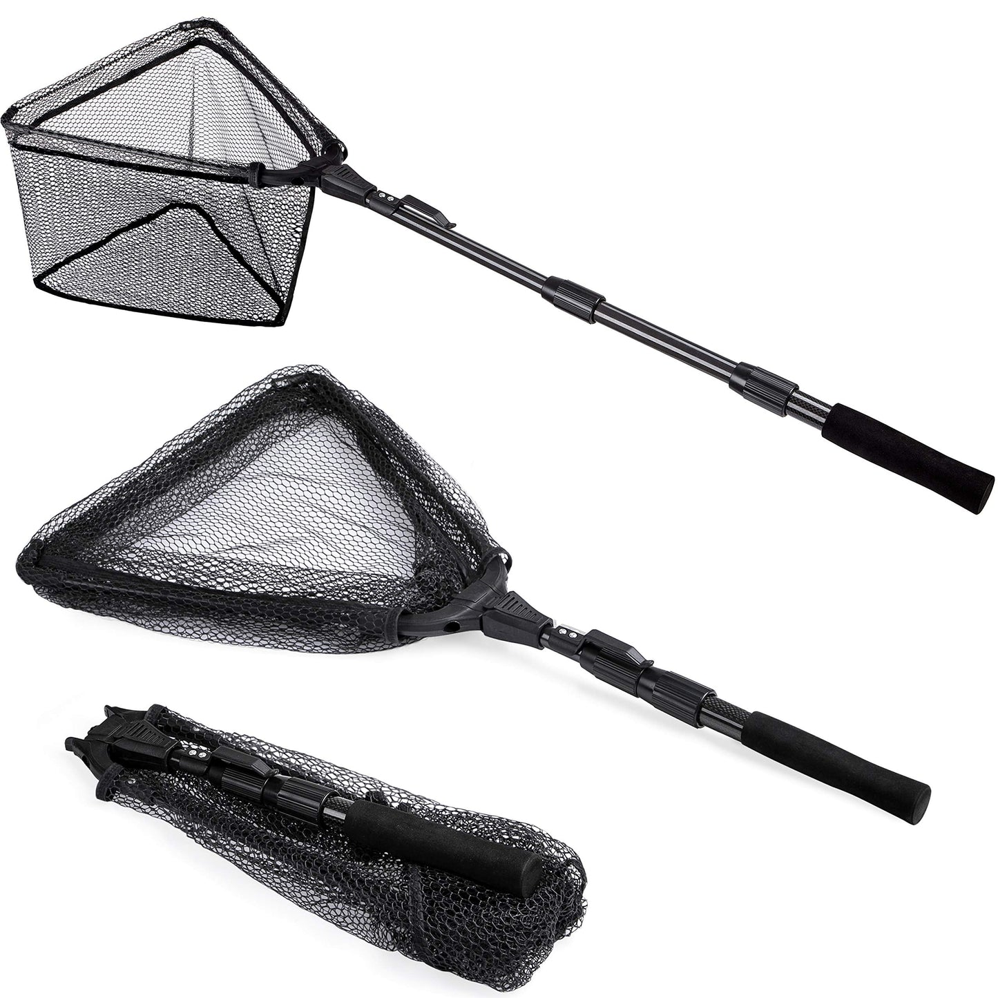 PLUSINNO Fishing Net Fish Floating Landing Net, Kayak Nets with Fixed Foldable Telescopic Pole Handle,Bass Trout Fishing Nets with Nylon Mesh for Pond Lake River,Fishing Gear Gifts for Men,Black 1.2M