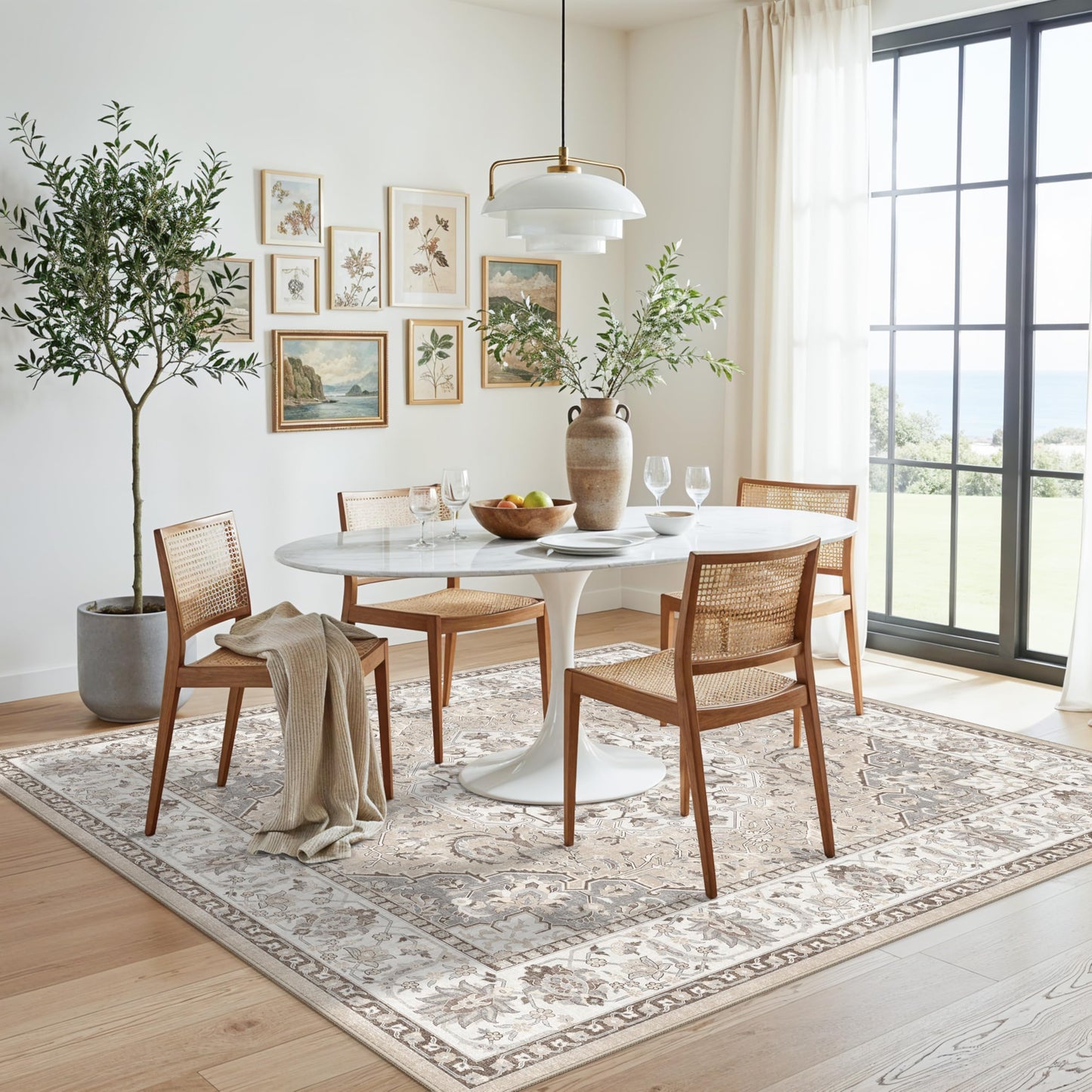 Washable 5x5 Square Area Rugs: Indoor Non-Slip Entryway Kitchen Rugs Oriental Stain-Resistant Bathroom Laundry Floor Mat Water Resistant Light Weight Carpet for Living Room Bedroom Nursery(5x5,Beige)