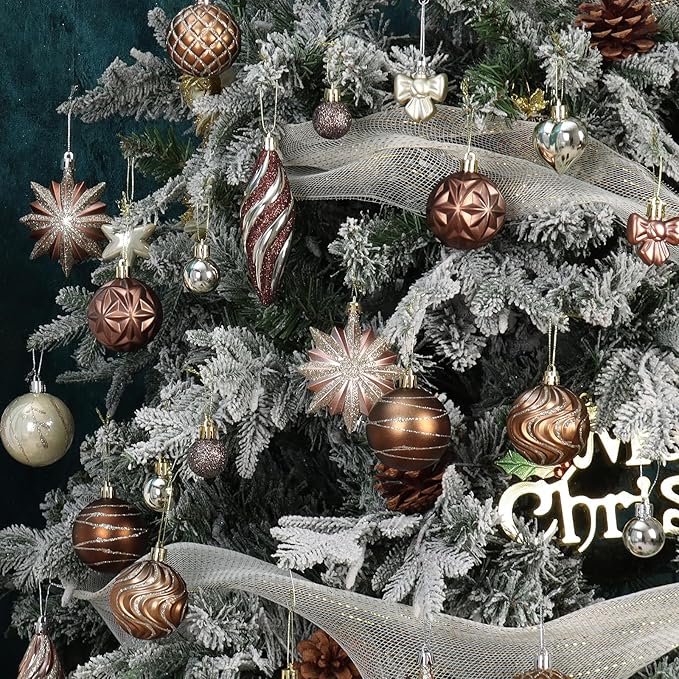 82Pcs Bronze Copper Christmas Ornaments Set,Shatterproof Brown and Gold Fall Decorations for Tree Assorted Plastic Craft Ball Ornaments for Holiday Xmas Party Decor (Copper & Gold)