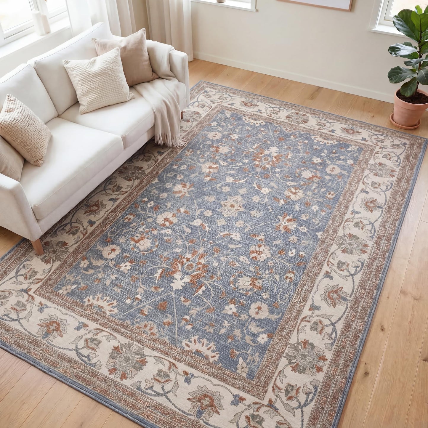 Kuden 6x9 Area Rug, Machine Washable Area Rug with Non-Slip Backing, Vintage Style, Soft, Easy Clean, Low Pile Rug for Living Room, Bedroom, Dining Room