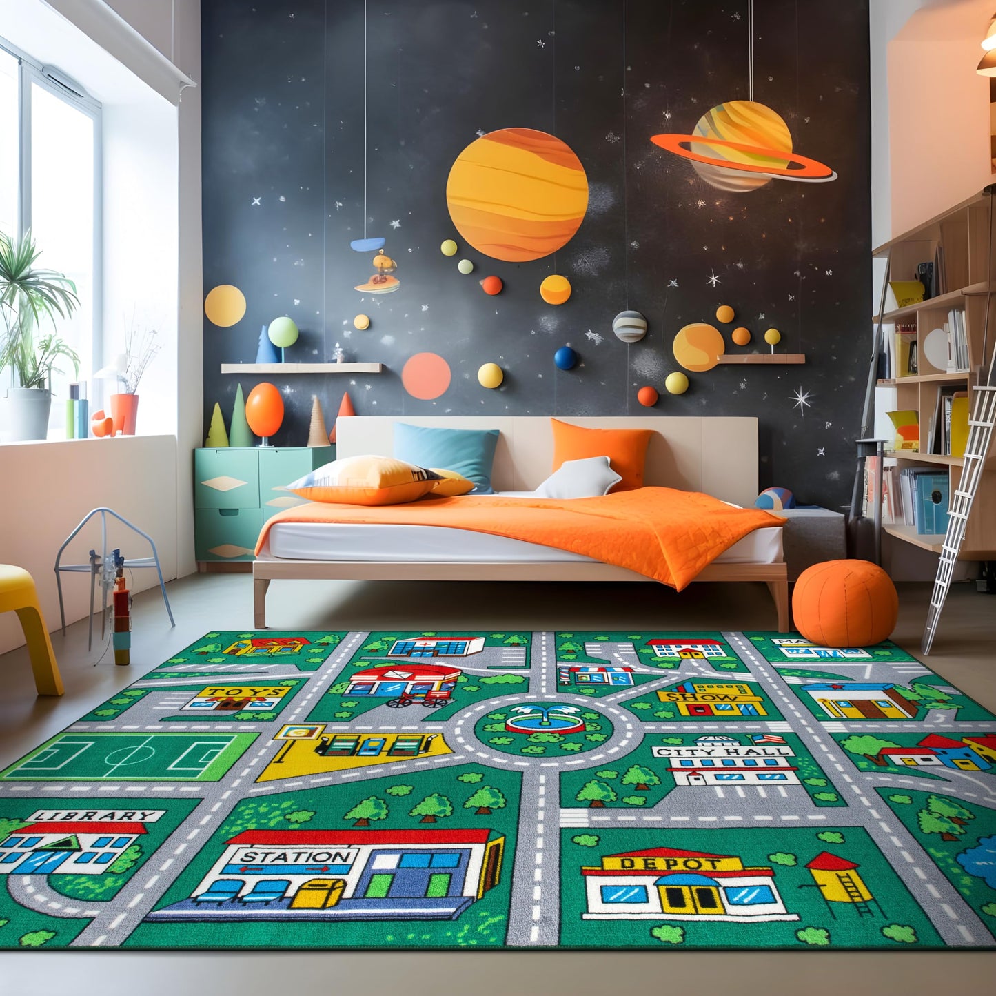 Rugshop Kids Playmat Road Traffic Educational High Traffic Living Room,Bedroom,Kitchen, Home Office Non Slip Area Rug 7'10" x 10' Green