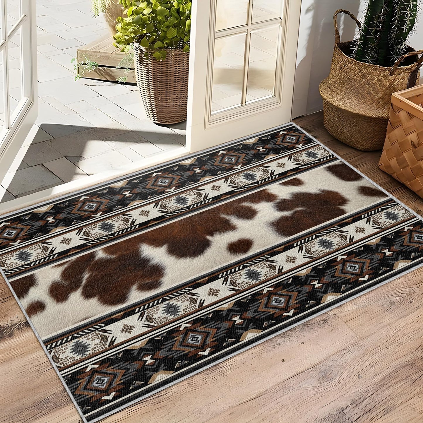 SherAvant Western Rug - 4x6 Rug, Cowhide Aztec Cabin Rustic Area Rugs, Native American Low Pile Stain Resistant Floor Carpets House Decor (Grey/Brown/Black)