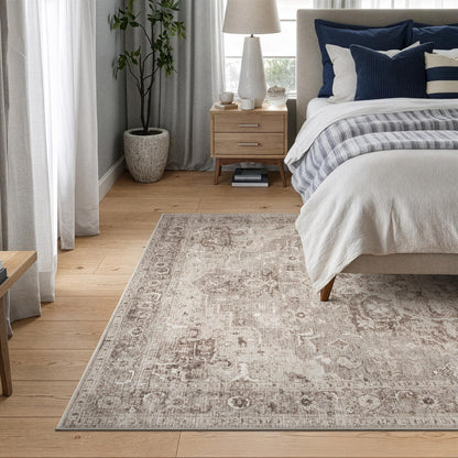 Bloom Rugs Washable Non-Slip 4' x 6' Rug - Beige/Gray Traditional Area Rug for Living Room, Bedroom, Dining Room, and Kitchen - Exact Size: 4' x 6'