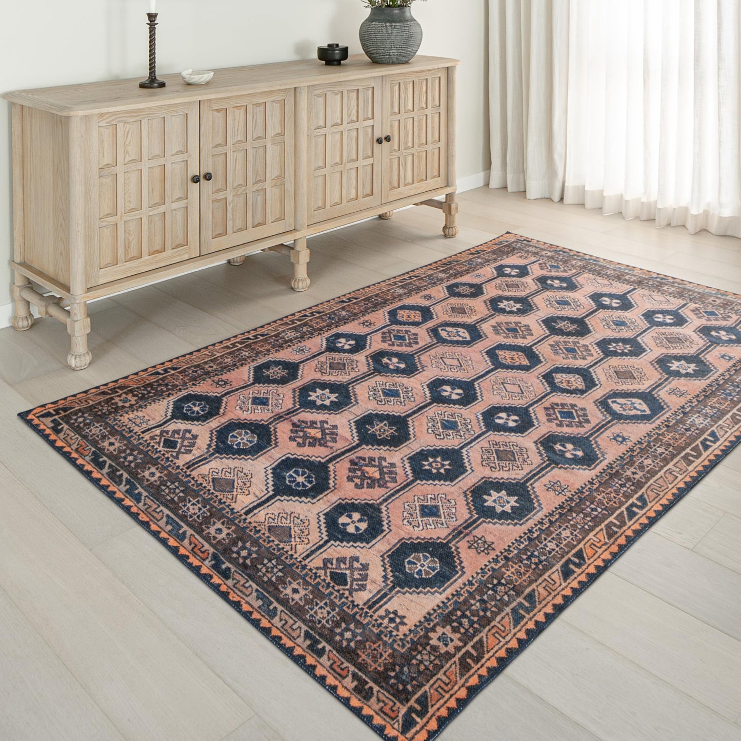 KNOTTING MATTERS Indiclay 5’ x 8’ Area Rug – Blush Pink & Deep Navy Heritage Flatweave, Low-Pile – Easy Clean Area Rug – Perfect for Living Room, Dining Room, Bedroom – Pet & Kid Friendly