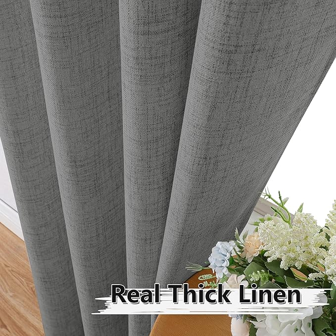 Tollpiz Linen Tier Curtains Rod Pocket Semi Sheer Short Kitchen Curtain Half Burlap Light Filtering Thick Linen Drape for Bathroom, 30 x 30 inches Long, Dark Grey, Set of 2 Panels