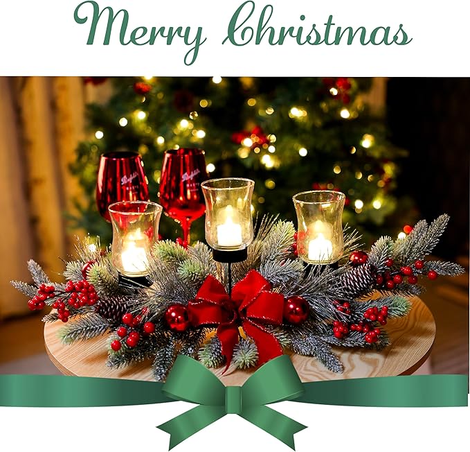 MOONET Red Christmas Table Centerpiece, Cedar with 3 Candlestick Glass Cup, Red Berry, Christmas Balls for Holiday Party, Home, Fireplace