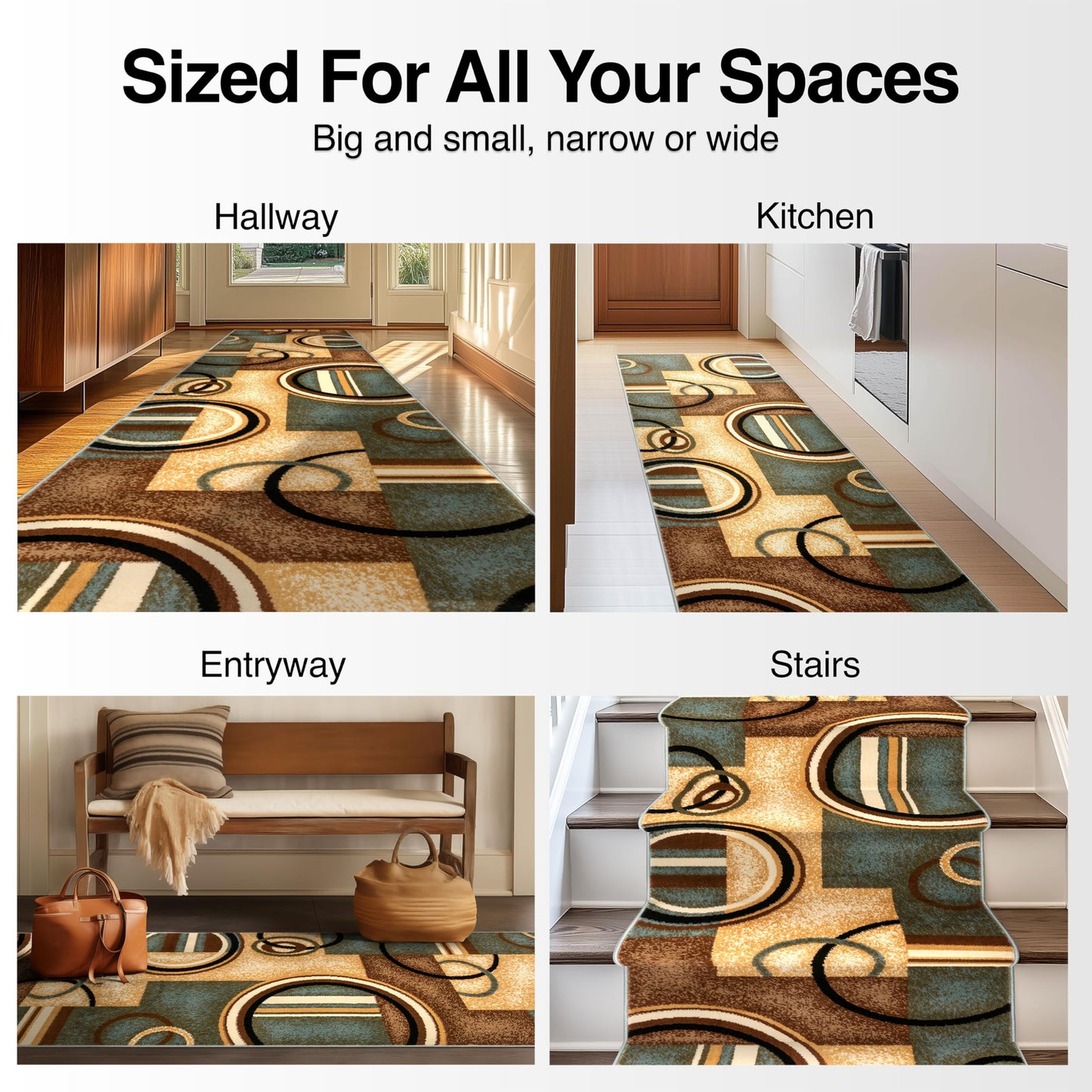 Well Woven Custom Size Hallway Stair Runner- Choose Length - Deco Rings Light Blue Geometric Modern 26 Inch Wide x 8 Feet Long Runner (26" x 8') Abstract Color Block Carpet