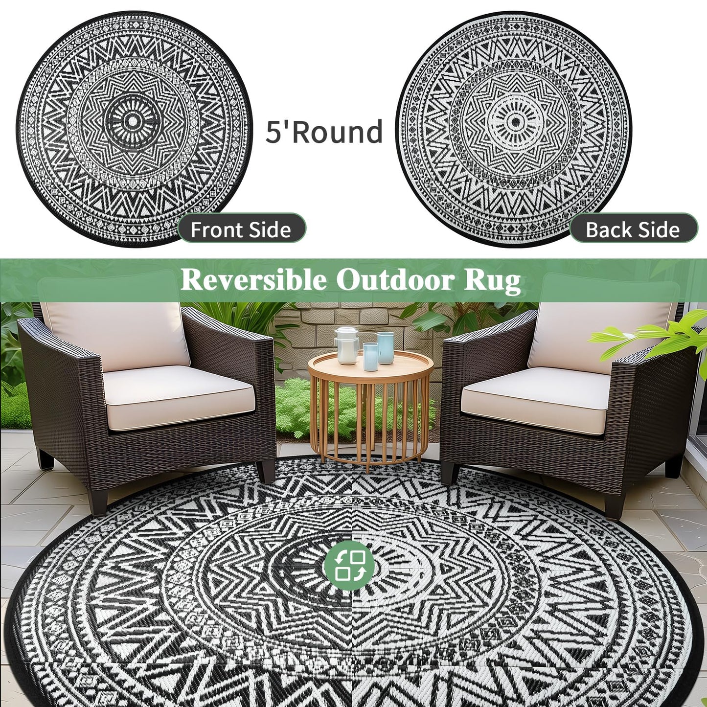famibay Outdoor Rug Waterproof 5ft Round, Reversible Boho Plastic Straw Patio Camping Area Rugs, Portable Indoor Outdoor RV Mat for Deck, Porch, Balcony, Backyard, Picnic, Beach, Pool, Black & White