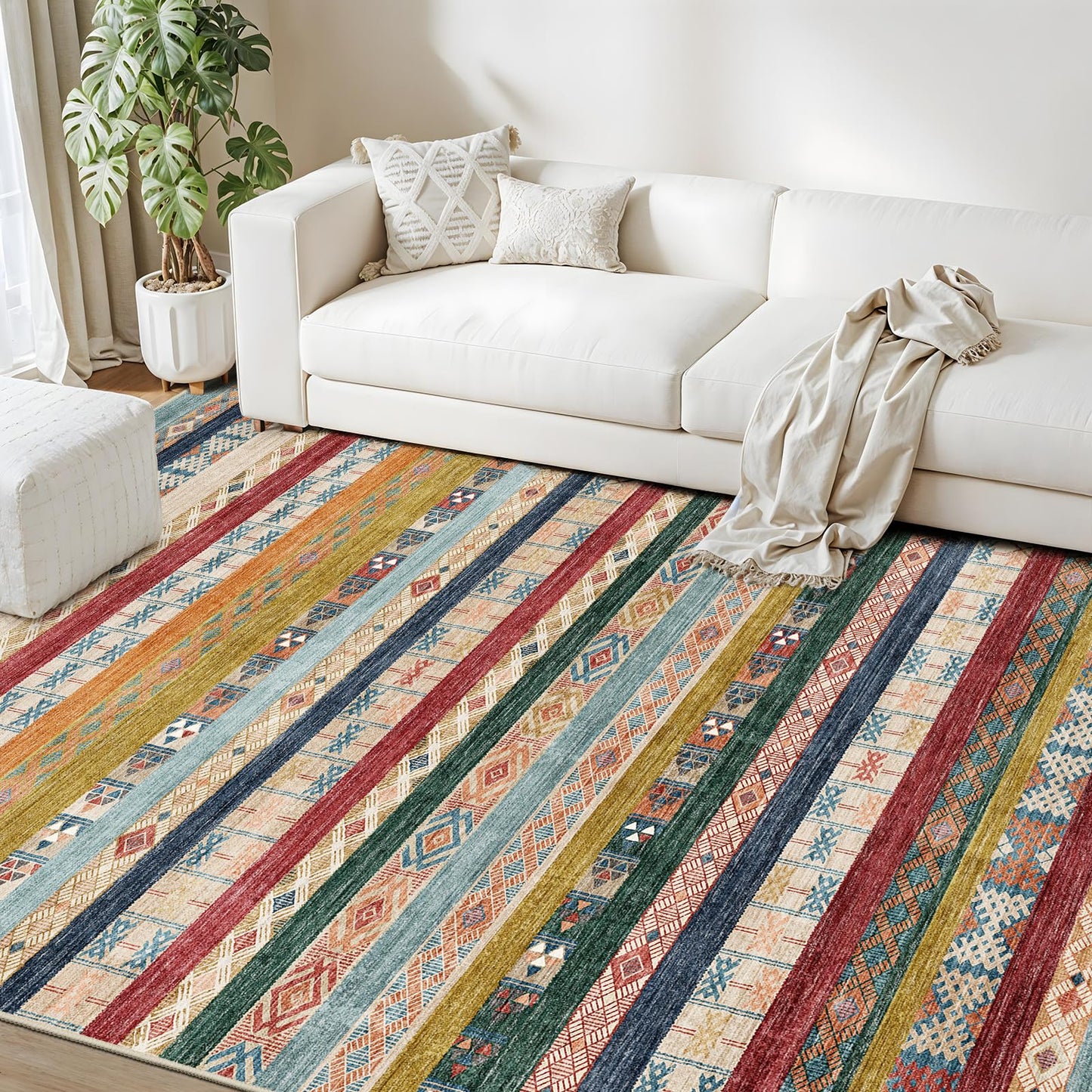 Puino 8x10 Washable Area Rug: Moroccan Large Neutral Boho Area Rug for Living Room & Bedroom Geometric Non-Slip Farmhouse Carpet for Living Room Colorful Stripe 8'x10'.