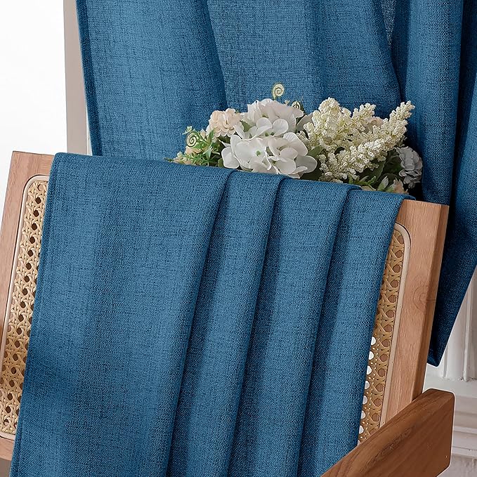 Tollpiz Linen Curtains Living Room Rod Pocket Semi Sheer Curtain Burlap Light Filtering Thick Linen Drapes for Bedroom, 38 x 63 inches Long, Classic Blue, Set of 2 Panels