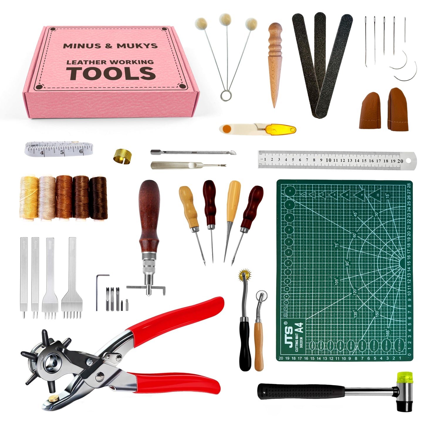 MINUS MUKYS Leather Working Kit Complete Leather Tools Set for Crafts Shoe Repair Kit Belts Includes Hole Puncher for Crafts Sewing Tools Awl Stitching Tool Cutting Mat Ideal for Beginners