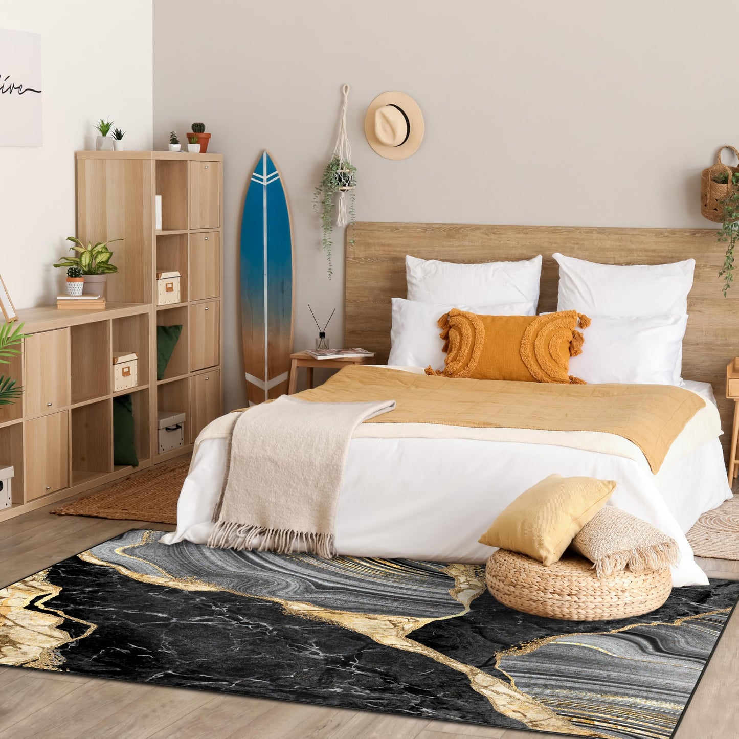 Black and Gold Area Rug 5x7 ft for Living Room Abstract Marble Large Non Slip Washable Rugs Ultra-Soft Low Pile Indoor Floor Mat Carpet for Bedrooms Playroom Office Kitchen (Black Gold, 5'x7')