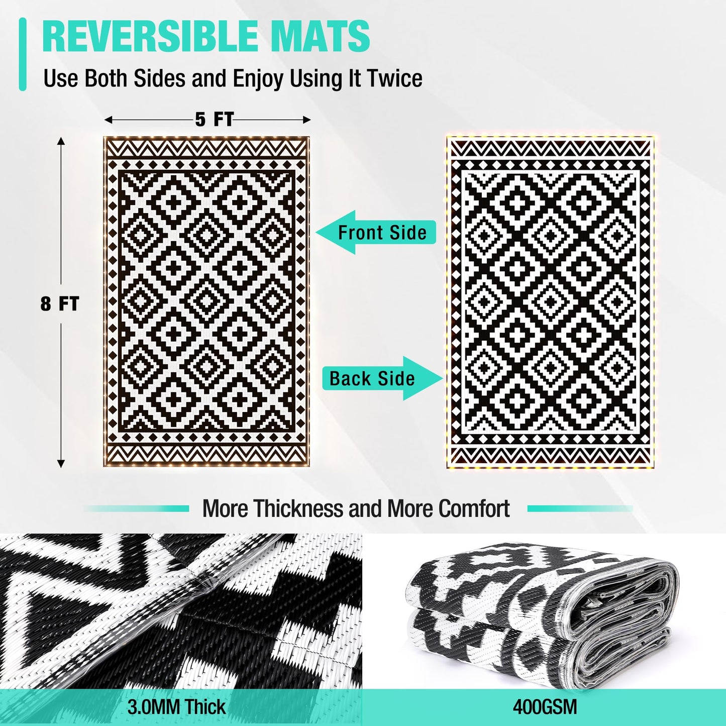 HAUSHOF 5'X8' Outdoor Rug Waterproof with LED Strip Light, Reversible Outdoor Plastic Straw Rug, Patio Rug with 4 Rug Stakes, Outdoor Carpet Mat for RV, Camping, Beach, Porch, Balcony, Black&White