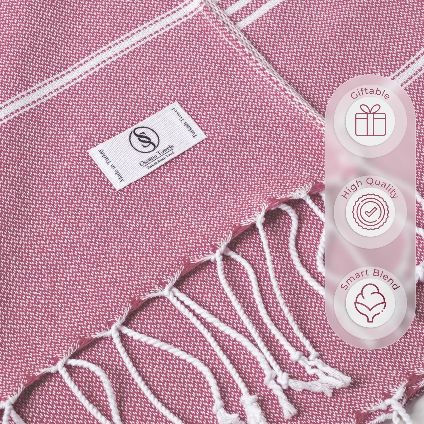 Ossano Turkish Beach Towel Soft & Drying Oversized (39" x 71") - Quick Dry, Versatile and Functional as Picnic, Travel and Beach Blanket, Yoga, Gym, Pool and Cruise Towels - Pink