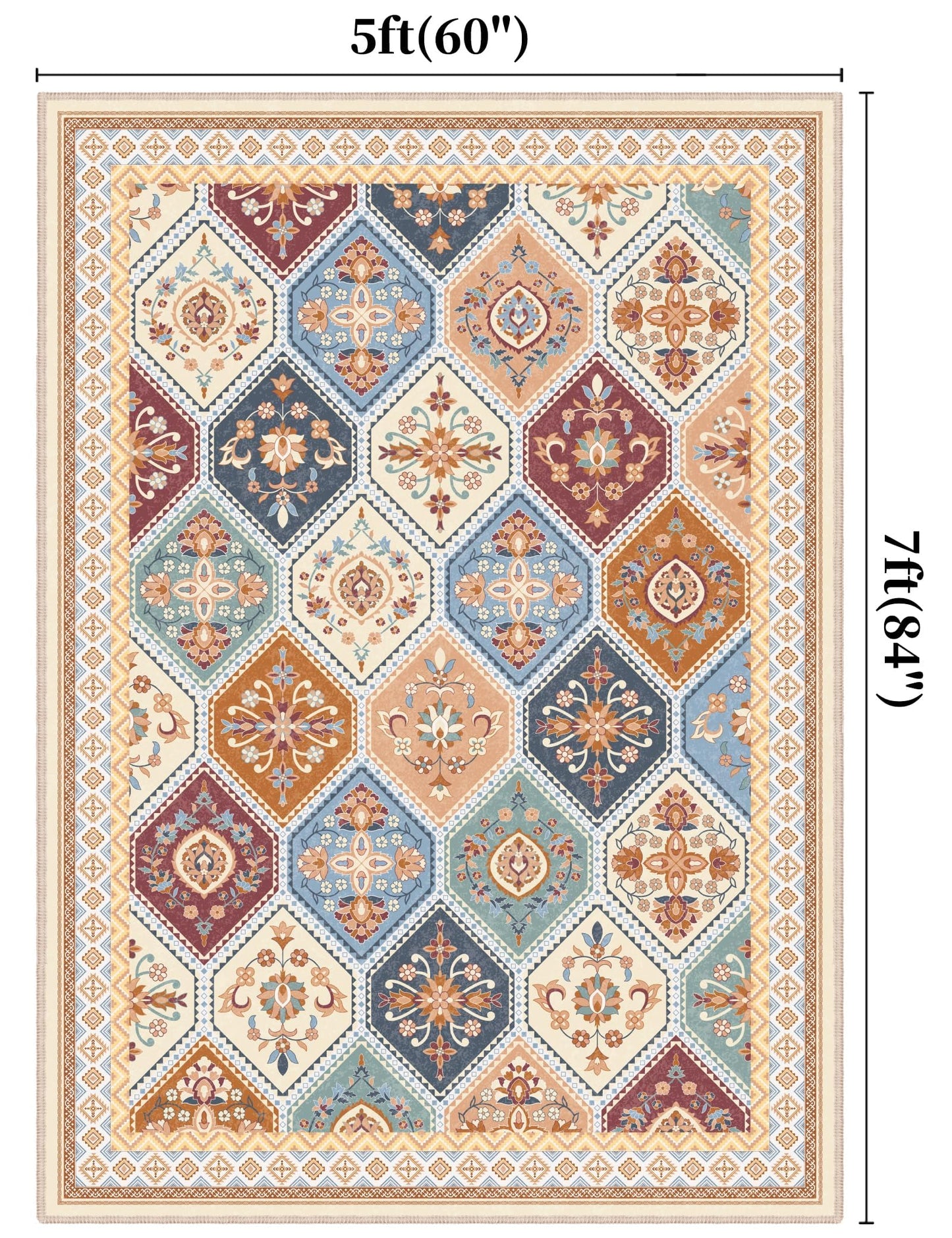 TTelephant Area Rugs 5x7, Washable Rugs for Living Room, Soft Non-Slip Boho Moroccan Rug, Low-Pile Printed Carpet for Bedroom, Dining Room, Playroom -Multi