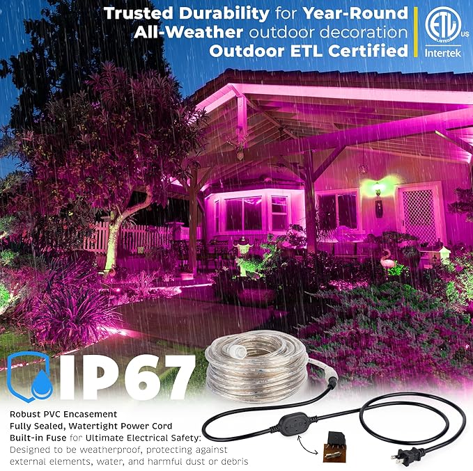 WYZworks 108LEDs 10ft LED Outside Rope Lights, Outdoor ETL Certified Waterproof Permanent 360 Degree Light Emitting, Flexible Tube, Connectable, Christmas Palm Tree Exterior Landscape, Pink