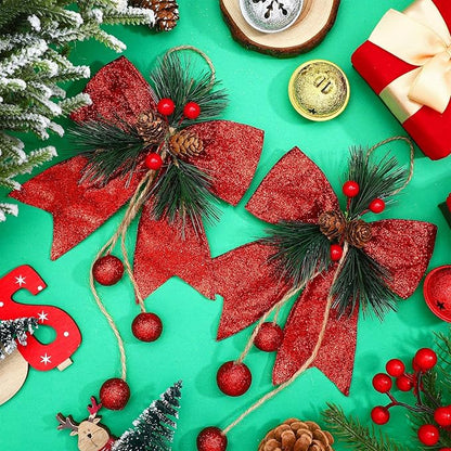 Xinnun 4 Pieces Christmas Buffalo Plaid Bows with Pine Cones Pine Needles Xmas Plaid Bow Ornament Christmas Tree Wreath Decoration for Holiday Parties DIY Crafts Home Decor (Red)