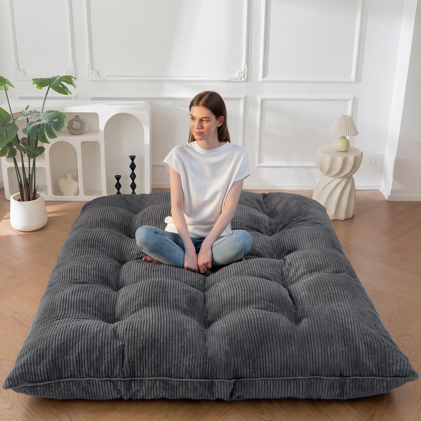 MAXYOYO 6" Japanese Floor Mattress, Foldable Futon Mattress Full Size, Tufted Roll Up Floor Couch, Thick Tatami Mat Sleeping Pad Portable Lounger for Camping Guest Room Dormitory RV, Dark Grey