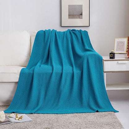 Longhui bedding Teal Knitted Throw Blanket for Couch, Soft, Cozy Machine Washable 100% Cotton Sofa Knit Blankets, Heavy 3.0lb Weight, 51 x 63 Inches, Teal Color.