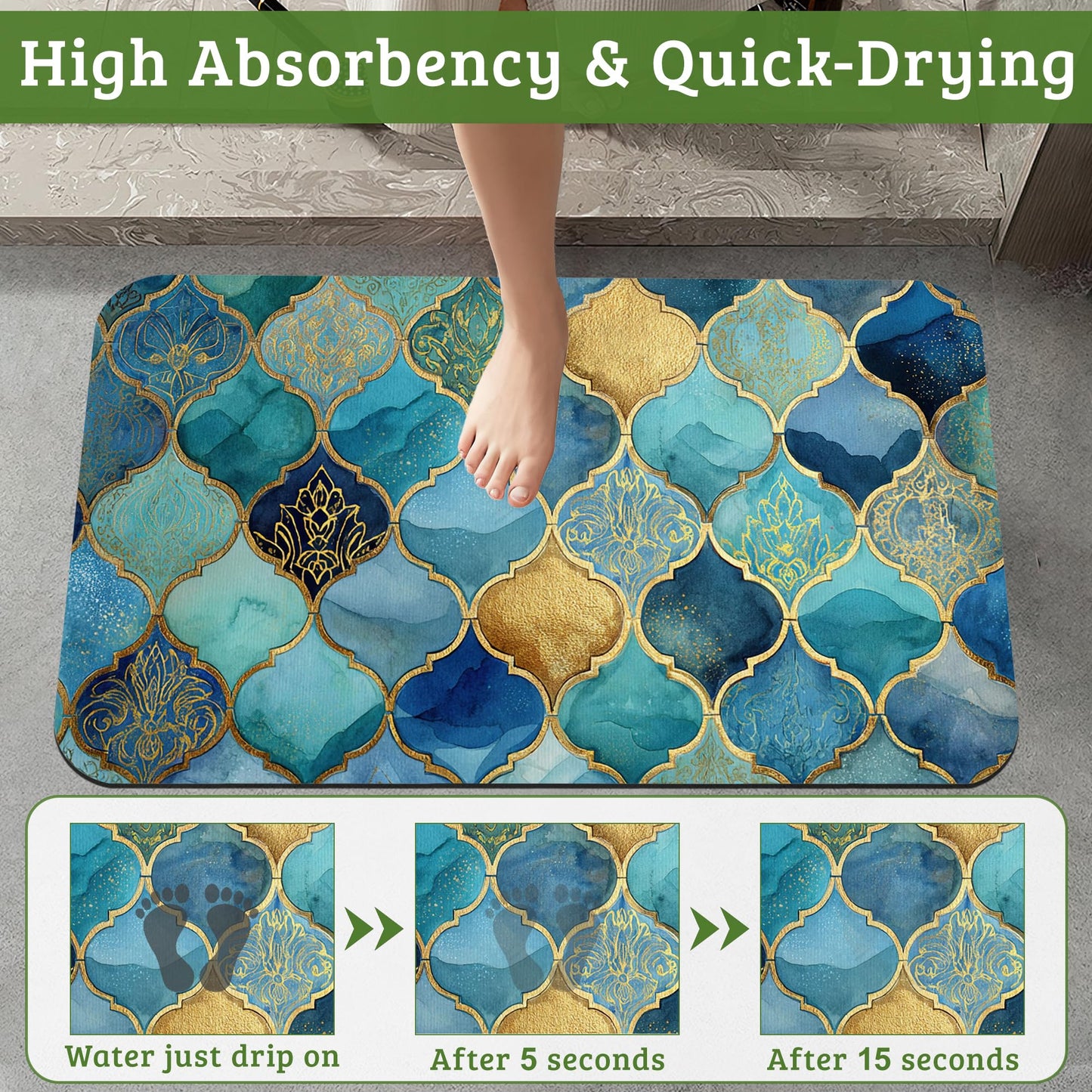 NSMNSM Moroccan Mosaic Bathroom Rugs Mat Non Slip Washable Quick Dry Absorbent Thin Bathroom Rug-Bath Mats for Bathtub, Sink, Shower Room, Christmas Decorations, 17"x 29.5"