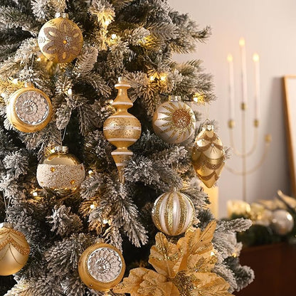 Valery Madelyn Glass Christmas Ornaments Set, 10ct White Gold Mercury Blown Glass Christmas Tree Ball Decorations, Luxury Xmas Hanging Teardrop Finial Faceted Reflector for Holiday Decor