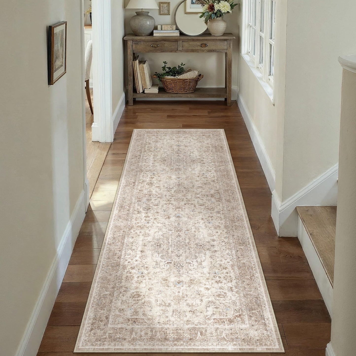 PureCozy Beige 2x6 Runner Rug Washable Hallway Vintage Carpet Low Pile Non Slip Distressed Soft Traditional Retro Oriental Long Accent Throw Rug for Kitchen Bedroom Laundry Bathroom Dining Room