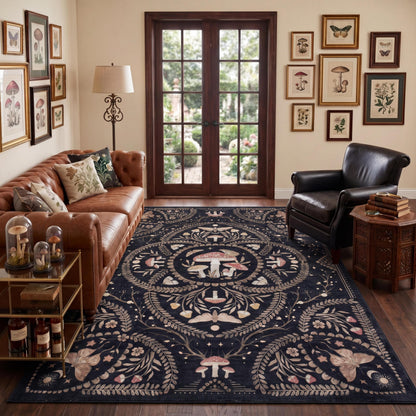 Garvee Mushroom 5x7 Area Rugs for Living Room, Dark Academia Gothic Rug, Non Slip Animal Print Washable Rugs 5x7 Low Pile Bedroom Decor Bug Carpet with Rubber for Playroom Dining Room Office, Black