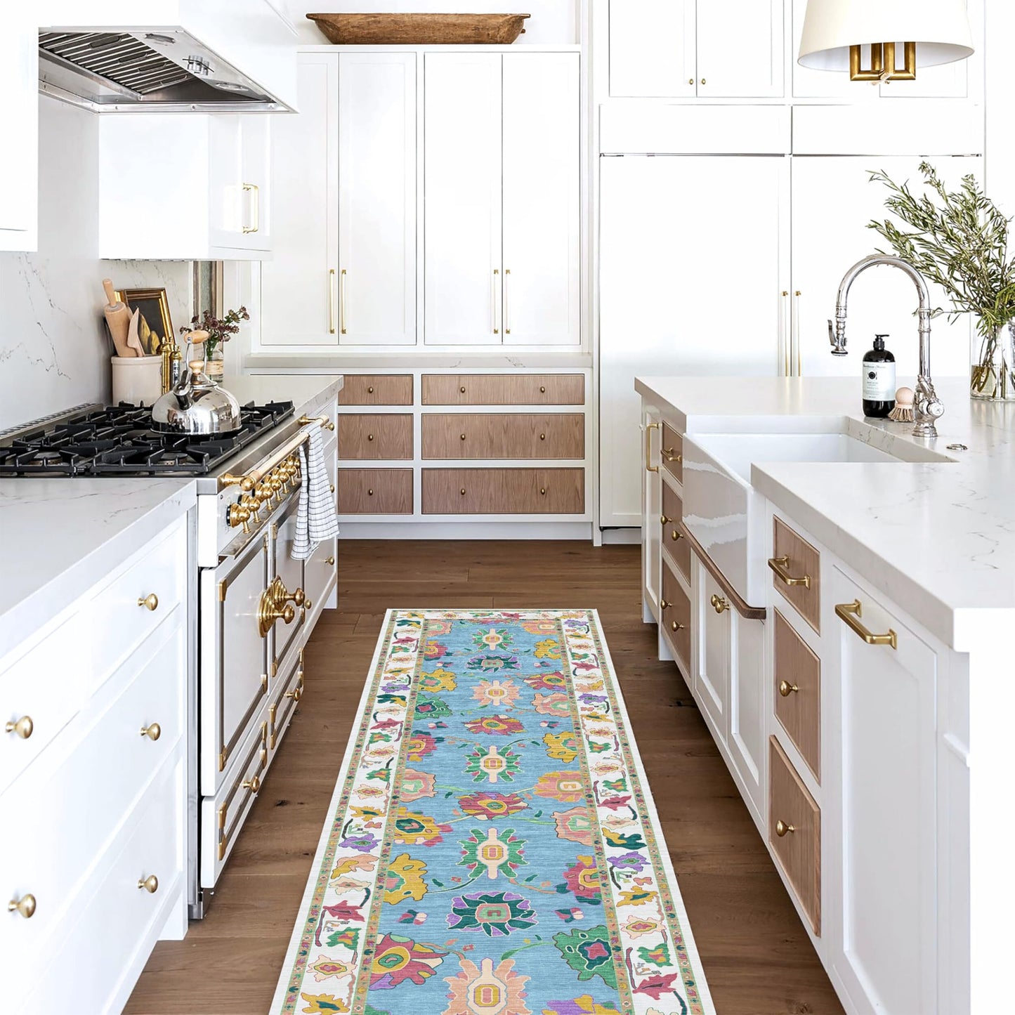 Fame Living Colorful Oushak Runner Rug, Modern Runners, Turkish, Eclectic, Floral, Pastel, Washable, Small Throw Rugs, Short Runner for Entryway, Laundry, Foyer, Bedroom, Kitchen, Bathroom, 2'5"x6'5"