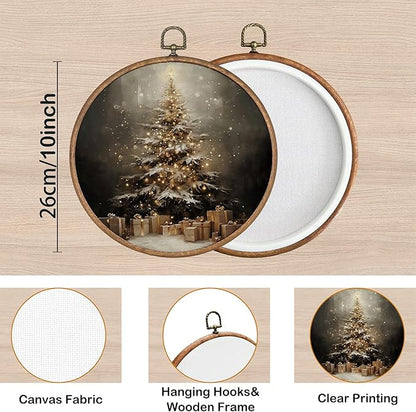 KSDUT Vintage Christmas Wall Decor Art - Vintage Christmas Tree Wall Art Canvas Frame Hanging Prints, Merry Xmas Holiday Round Wall Art Decor for Home Farmhouse Decorations 10"x10"