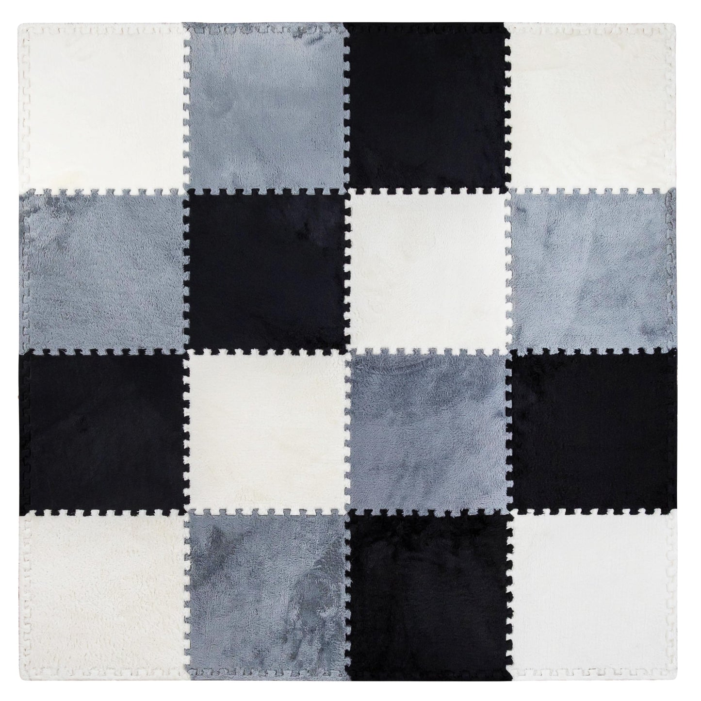 16 Piece Carpet Squares Puzzle Mat 49" x 49" Plush Interlocking Carpet Tiles, Foam Floor Tiles For Baby Play Mat - Kids Soft Play Mats Anti Slip Jigsaw Flooring Playmat Playroom Rug (Black,Gray,White)