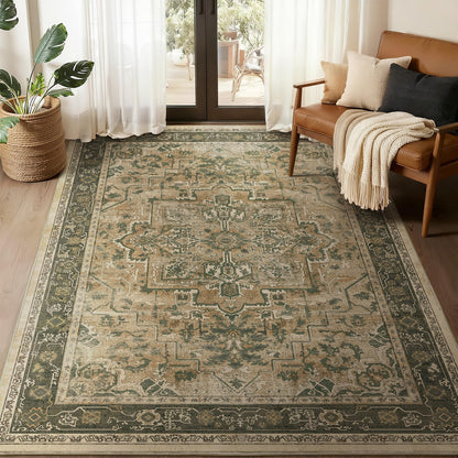 Jainmy Vintage Distressed 5x7 Area Rugs for Living Room Bedroom Non Slip Washable, Medallion Pattern Printed Low Pile Thin Carpet Rugs for Dining Room/Kitchen/Home Office, Multi Brown Olive Accents