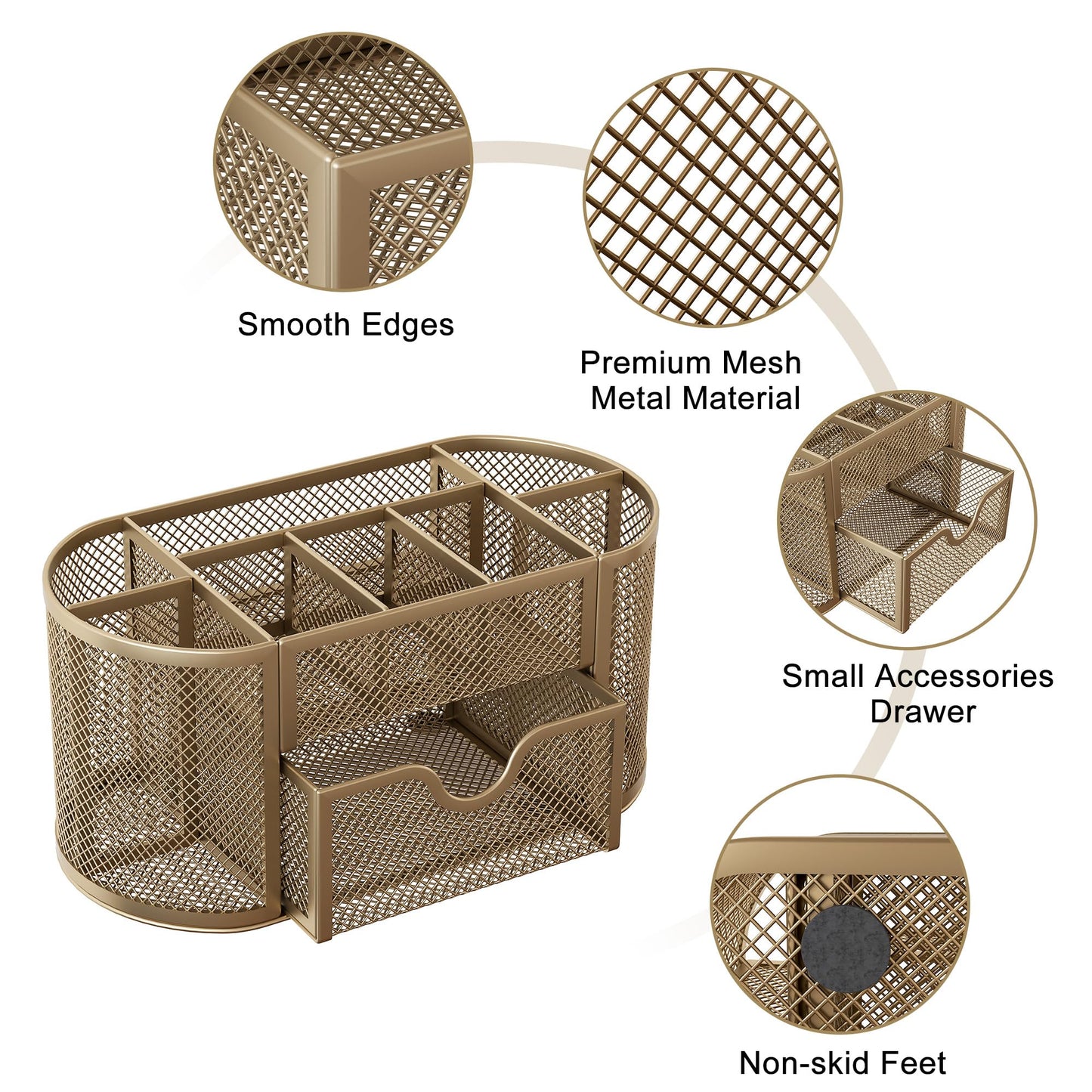 EasyPAG Mesh Pen Holder Desk Organizer with Drawer Stationery Supplies Organizer for Dorm School 9 Compartments Workspace Desk Accessories Organization for Office, Gold