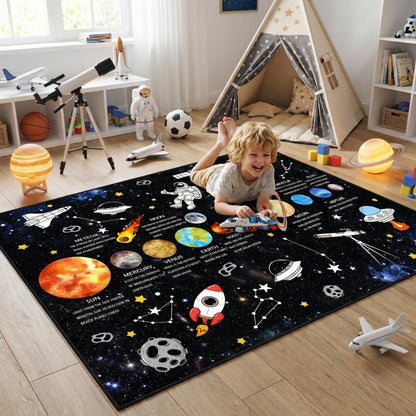 5x7 Ft Space Kids Rug for Boys Room, Playroom, Classroom, Nursery, Daycare, Educational Non-Slip Play Mat Carpet for Children Toddler Leaning Solar System, Washable & Soft Galaxy Star Rug-Faux Wool